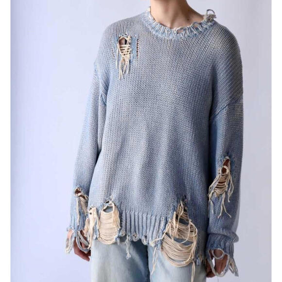 R13 Denim Blue Distressed Oversize Sweater in Printed Denim Blue Size S - Picture 1 of 6